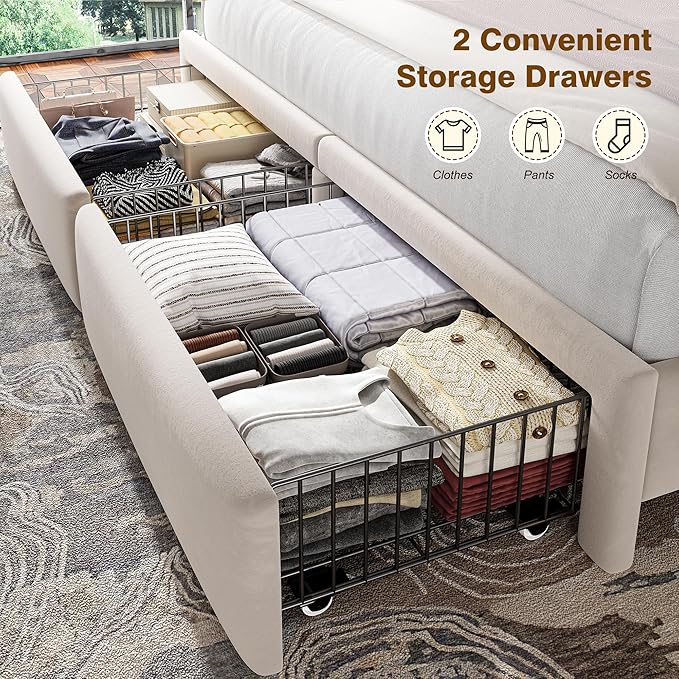 Homkdom Queen Bed Frame with Velvet Storage Headboard, 2 Large Drawers & 3 Charging Ports, 51.3" Tall Platform Bed Frame Queen Size, Sturdy Wood Slats, No Box Spring Needed, Beige