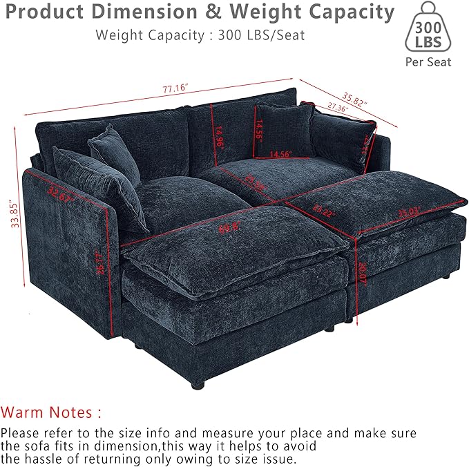 Setawix Deep Loveseat Couch with Ottomans,Large 2 Seater Lounger Cloud Couches for Living Room,77.16" Chenille Cloud Sofas with Deep Seat,Modular Sectional Sleeper Sofa for Bedroom (Blue, 2+2)