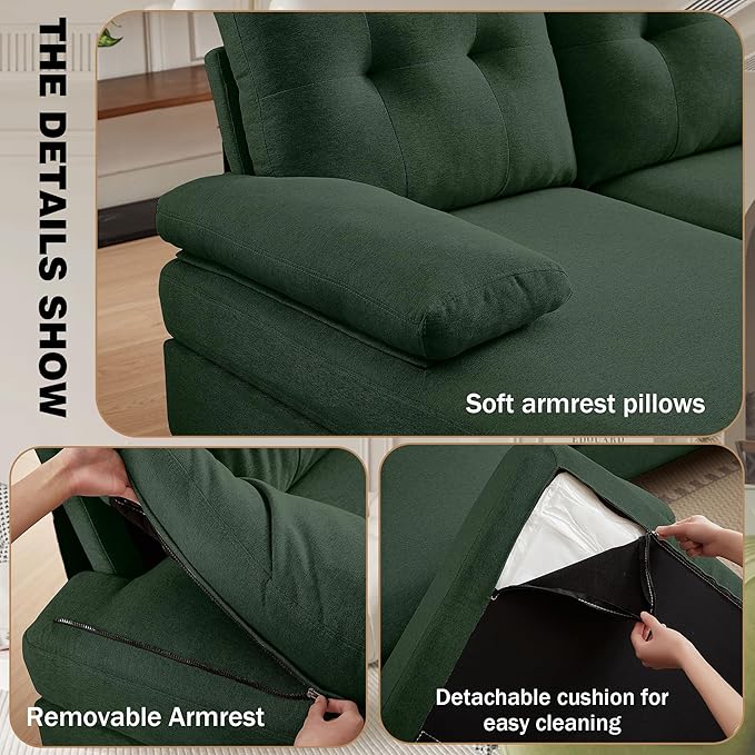 111" Sectional Couch for Living Room, Modern Polyester Fibre U Shaped Sofa Couches with Double Chaise, Upholstered 4 Seater Sofa for Living Room, Apartment, Office, Dark Green