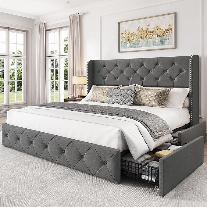 LARMACE Queen Size Platform Bed Frame with 4 Storage Drawers and 47.2" Tall Tufted Headboard Linen Upholstered Bed Wingback Bed Frame with Wooden Slats Support, Easy Assembly, Light Grey