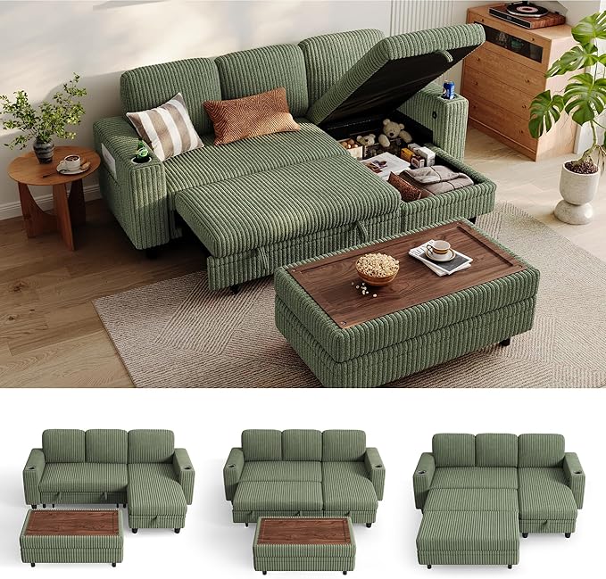LINSY HOME Sectional Sleeper Sofa with Pull Out Couch Bed for Living Room (Green) | Plush Corduroy, Storage Ottoman, Storage Chaise, Pull Out Couch, USB Charging