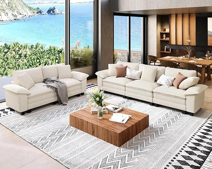Sofa and Loveseat Set, Oversized Corduroy Modular Love seat and 3-Seat Couch with Pillows, 2 Piece Modern Cloud Sectional Deep Seat Sofa Furniture Set for Living Room, Beige