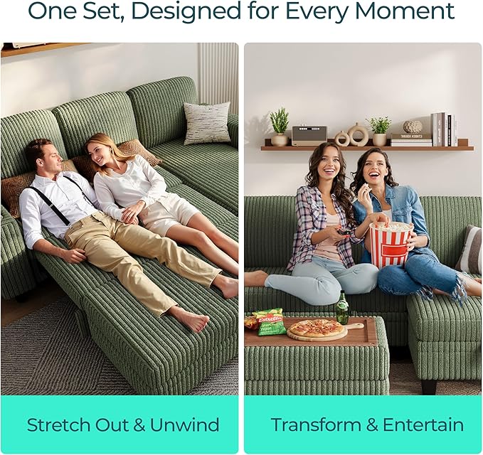 LINSY HOME Sectional Sleeper Sofa with Pull Out Couch Bed for Living Room (Green) | Plush Corduroy, Storage Ottoman, Storage Chaise, Pull Out Couch, USB Charging