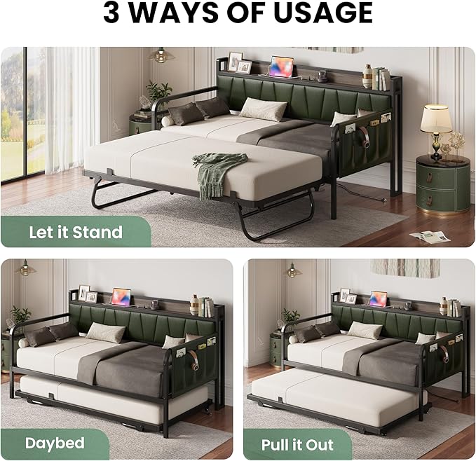 LIKIMIO Daybed with Trundle Bed, Twin Bed Frame with Storage Headboard and Charging Station, Sofa Day Bed with Strong Supports for Living Room, Bedroom, and Guest Room, Dark Green
