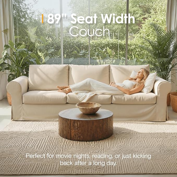 89" 3 Seater Sofa, Modern Farmhouse Comfy Couch with High Back Support, Removable Washable Linen Slipcovers for Living Room, Beige