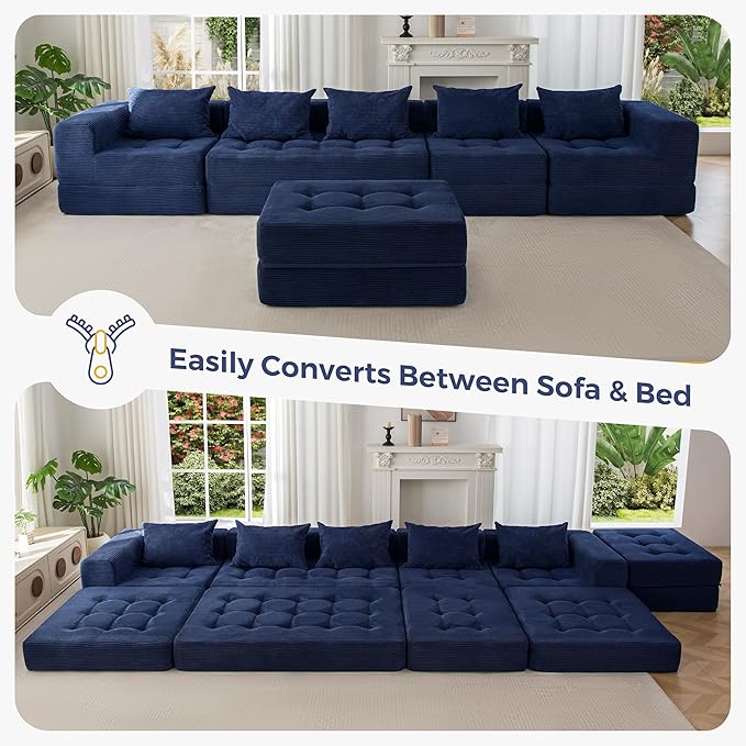 MAXYOYO Modular Sectional Sofa Couch, Foldable U Shaped Cloud Couch with Pillows, Tufted 6-Seat Boneless Sleeper Lounger Floor Sofa Bed for Living Room, No Assembly Required, Navy