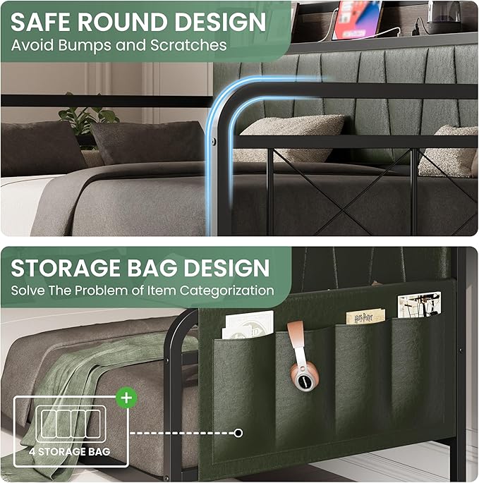 LIKIMIO Daybed with Trundle Bed, Twin Bed Frame with Storage Headboard and Charging Station, Sofa Day Bed with Strong Supports for Living Room, Bedroom, and Guest Room, Dark Green