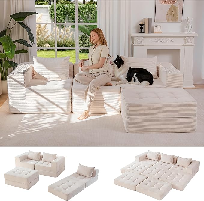 MAXYOYO Modular Sectional Sofa Couch, Foldable L-Shaped Folding Sofa Bed with Ottoman, Convertible Sectional Couch Corded Tufted Floor Sofa Lounger with Pillows for Living Room, No Assembly, Beige