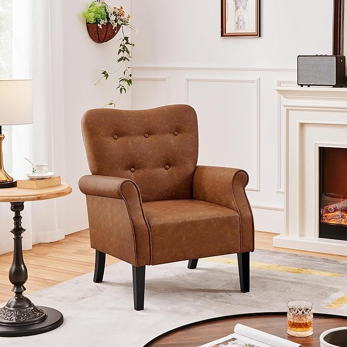 Yaheetech Modern Armchair, Mid Century PU Leather Accent Chair with Sturdy Wood Legs and High Back for Small Space, Upholstered Club Sofa for Living Room/Bedroom, Set of 2, Retro Brown