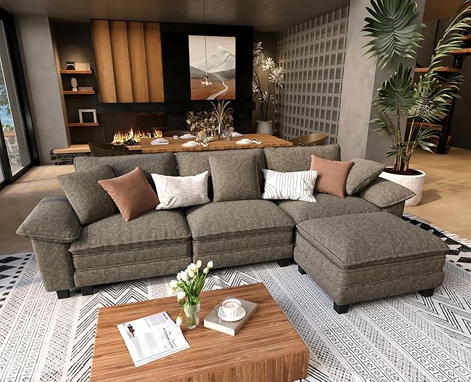 L Shaped Modular Cloud Couch, 123.6'' Comfy Chenille Sectional Sofa with Wider Armrest and Ottoman, Upholstered 4-Seat Modern Deep Seat for Bedroom Living Room, Smoky Grey