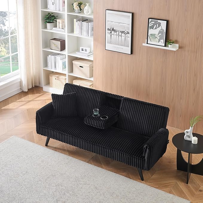 72" Convertible Sofa Bed with Foldable Cup Holder,Straight-line Corduroy Sofa,Suitable for Living Room,Bedroom,Black