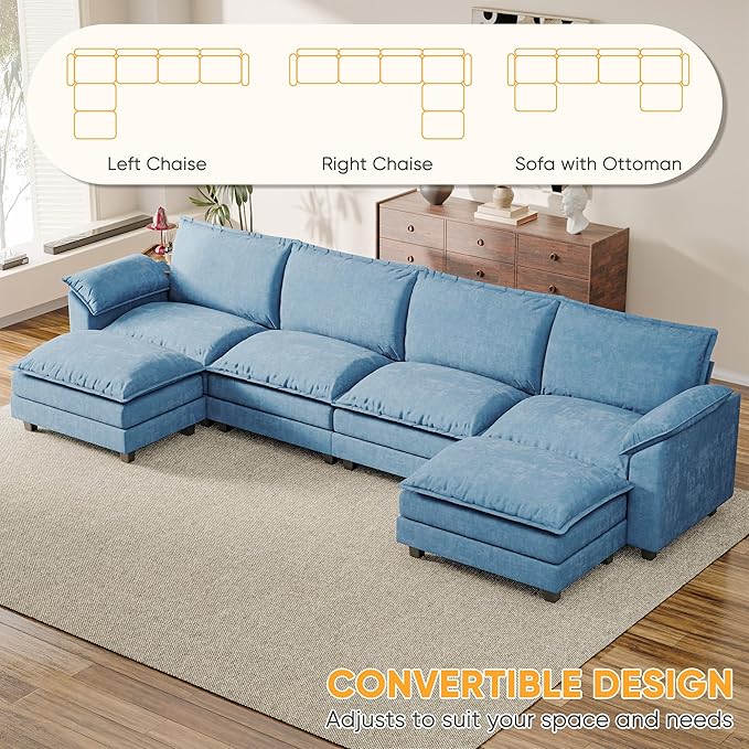 Modular Sectional Sofa with Double Layer Cushion, U Shaped Cloud Couch with 2 Movable Ottoman & Deep Seat, Oversized Chenille Sofa Couches for Living Room and Apartment (Dark Blue, U Shaped Sofa)