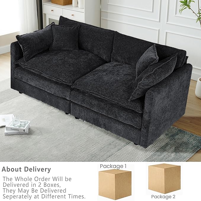 Setawix Chenille Loveseat Sofa Couch with Deep Seat,Large 2 Seater Cloud Couches for Living Room,77.16" Roomy Cloud Sofas,Modular Sectional 2 Seat Sofa with Pillows for Bedroom. (Black, 2 Seater)