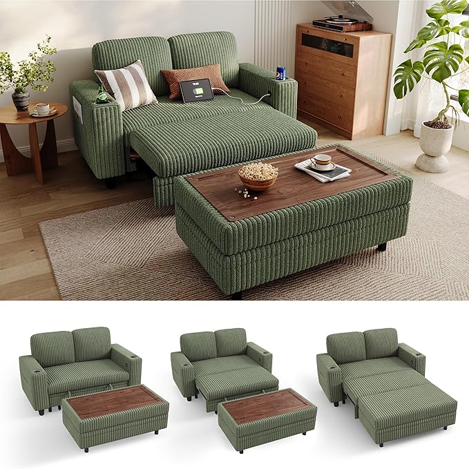 LINSY HOME Sectional Sleeper Sofa with Pull Out Couch Bed for Living Room (Green) | Plush Corduroy, Storage Ottoman, Storage Chaise, Pull Out Couch, USB Charging