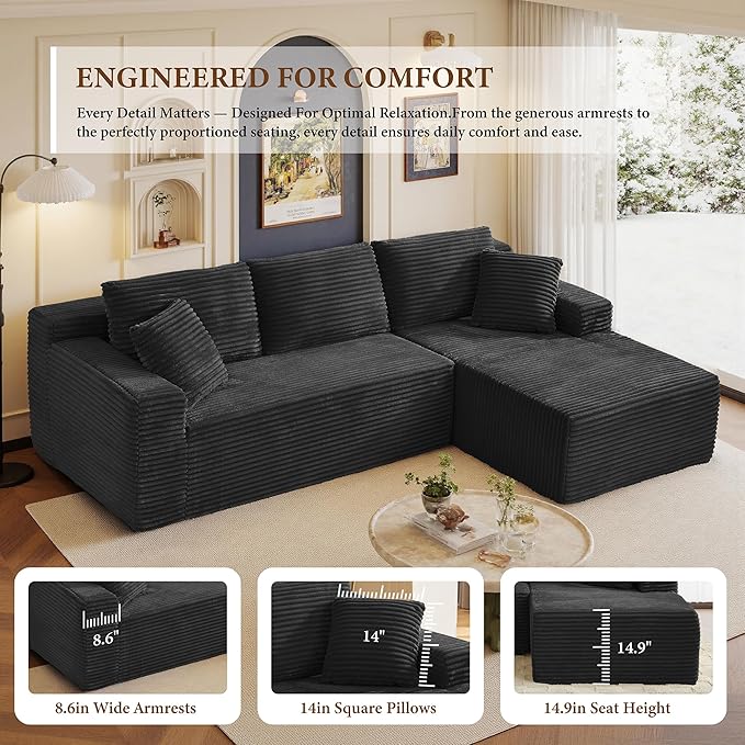 96" Sectional Couches for Living Room Cloud Couch Sofa with L-Shape Upholstered Boneless Couchs Modern Modular Sectional Couch with Chaise (Black, 95" W+Right Facing Chaise+2Seaters)
