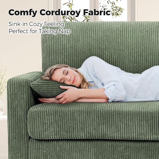 Kidirect 70in Corduroy Couch, Sofas for Living Room No Tool Assembly, Comfy Couches for Living Room 21in Deep Seats, Oversized Loveseat Sofa with 2 Pillows, 3 Seater Couch for Bedroom, Green Sofa