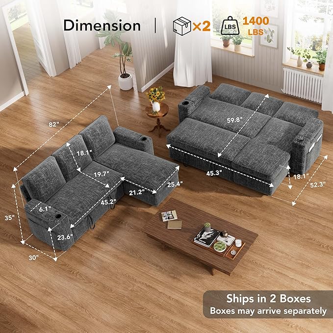 Vipbear Chenille Sleeper Sofa Bed, 82" Pull Out Couch with Reclining Backrest/Reversible Storage Chaise, 3 in 1 L-Shaped Couch with Armrest Storage | Cup Holder | Tool-Free Assembly | Grey