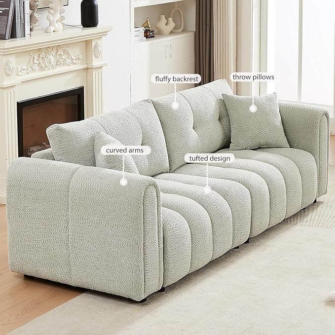 91.5" W Cloud Boucle Sofa for Living Room, Modern Comfy Boucle Couch with Rolled Arms and Soft Pillows, Cozy Teddy Oversized Loveseat for Apartment, Studio, Bedroom, Sage Green