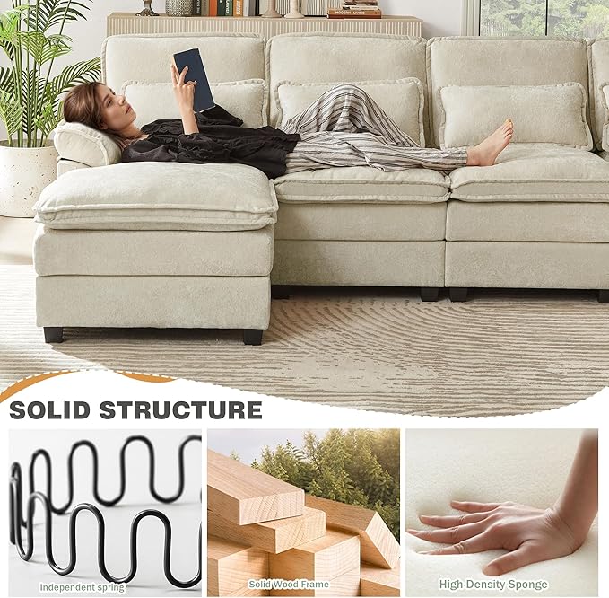 112" Modular Sectional Sofa, U Shaped Comfy Cloud Couch with Double Chaise and Padded Armrests, Modern Deep Seat Sectional Couches for Living Room, Apartment, Office, Beige