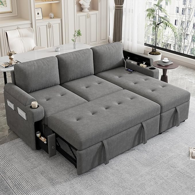 Harper & Bright Designs 83.5" L-Shaped Sofa Couch Convertible Sofa Bed Sectional Sofa with Ample Storage Space, Two Cup Holders and Two USB Ports for Living Room, Gray
