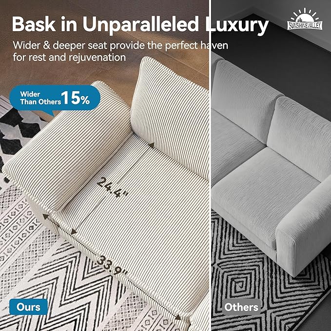 Sectional Loveseat with Ottoman, 87.5'' Oversized Corduroy Love Seat Modular Sofa Couch with Pillow, 3-Seat Modern L Shaped Cloud Deep Seat for Bedroom Small Space, Beige
