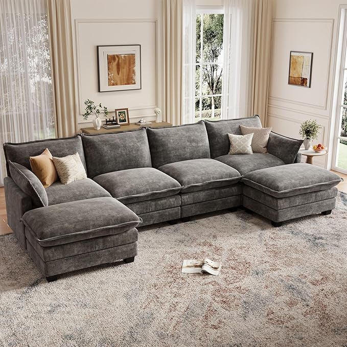 Modular Sectional U Shaped Sofa Couches for Living Room, Cloud Couch with Movable Ottoman, Comfy Chenille Sofa with Pillow for Bedroom and Apartment,Dark Gray