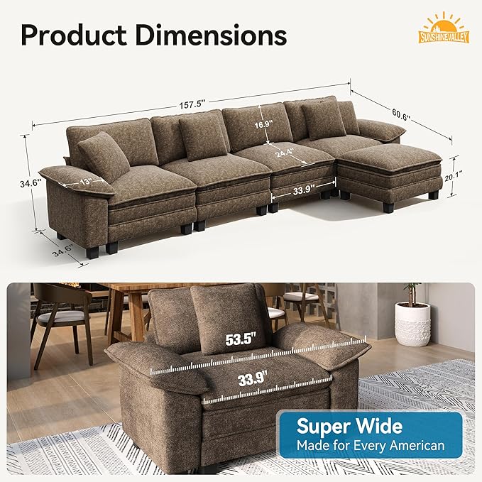 L Shaped Modular Cloud Couch, 157.5'' Oversized Chenille Sectional Sofa with Wider Armrest and Ottoman, Upholstered 5-Seat Modern Deep Seat for Bedroom Living Room, Taupe
