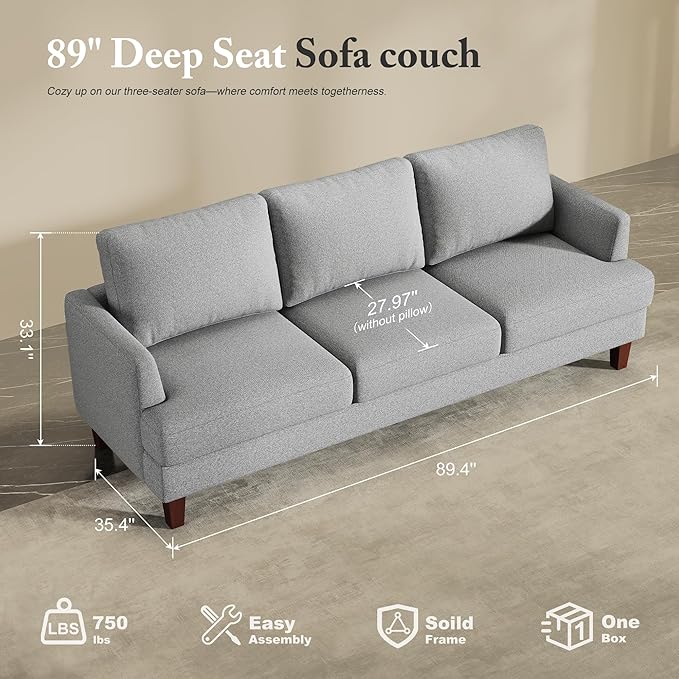 3 Seater Sofa Couch with Deep Seats, 89" Mid Century Modern Upholstered Sofa with Armrests, Comfy Couches for Living Room, Bedroom, Apartment and Office (Grey)
