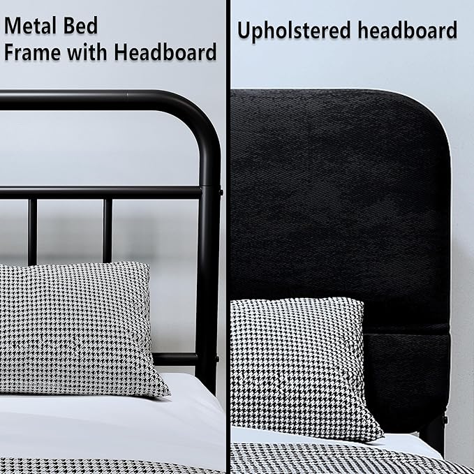 14Inch Metal Bed Frame,King Size Bed Frame with Upholstered Headboard,Heavy Duty Sturdy Mattress Foundation,Easy Assembly,No Box Spring Needed,Black-King