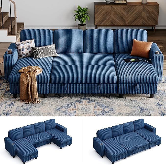 LINSY HOME Sectional Sleeper Sofa Pull Out Couches for Living Room (Blue, Sleeper Sofa 3) | Pull Out Sofa Bed, Storage, USB Charging, Cup Holders, Plush Corduroy