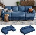 LINSY HOME Sectional Sleeper Sofa Pull Out Couches for Living Room (Blue, Sleeper Sofa 3) | Pull Out Sofa Bed, Storage, USB Charging, Cup Holders, Plush Corduroy