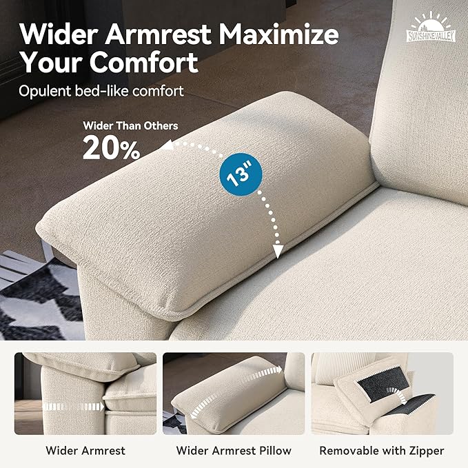Sectional Loveseat with Ottoman, 87.5'' Oversized Chenille Love Seat Modular Sofa Couch with Pillow, 3-Seat Modern L Shaped Cloud Deep Seat for Bedroom Small Space, Beige