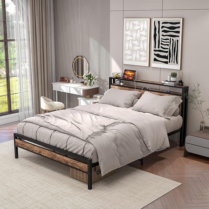 BOFENG Queen Bed Frame with Wood Headboard Storage,Heavy Duty Metal Platform Bed Frame Queen Size with Charging Station,Reinforced Steel Slats Support,No Box Spring Needed,Noise Free,Brown