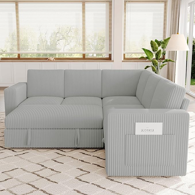 83.5" Sectional Sleeper Sofa with Pull Out Couch, Modern 5 Seat L Shaped Modular Couch, Sectionals Modular Sofa with Storage, Comfy Corduroy Couches Sectional for Living Room, Light Gray
