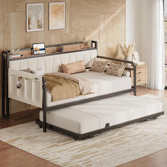 LIKIMIO Daybed with Trundle Bed, Twin Bed Frame with Storage Headboard and Charging Station, Sofa Day Bed with Strong Supports for Living Room, Bedroom, and Guest Room, Beige