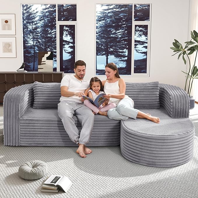 Hobestluk 96" Cloud Sectional Couch Modern Boneless Couch 3 Seater with Oversized Chaise L Shaped Modular Sofa for Living Room Apartment No Assembly Required (Stripe Lightgrey,Right Facing Chaise)