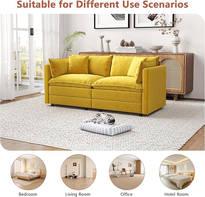 Setawix Chenille Loveseat Sofa Couch with Deep Seat,Large 2 Seater Cloud Couches for Living Room,77.16" Roomy Cloud Sofas,Modular Sectional 2 Seat Sofa with Pillows for Bedroom. (Yellow, 2 Seater)