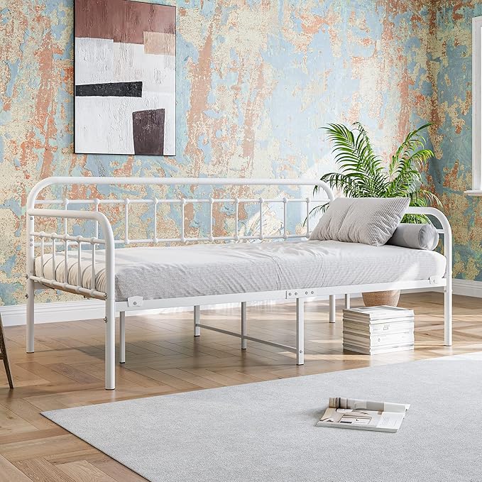 JURMERRY Metal Daybed Frame Twin Size with Steel Slats Platform Furniture, White…