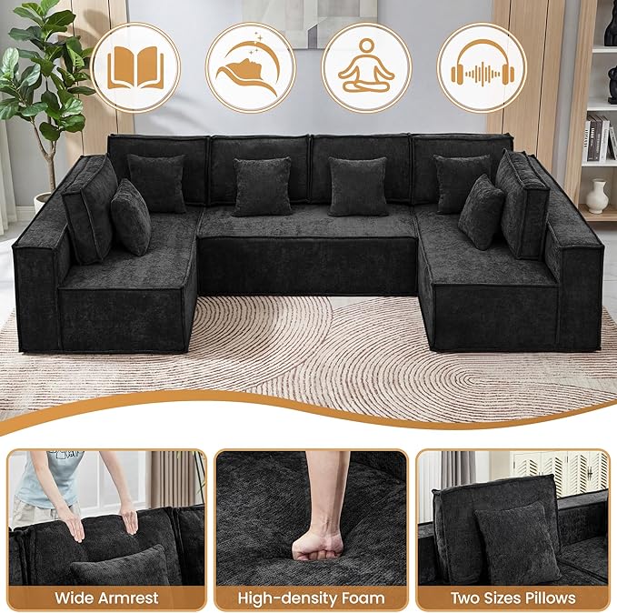 138'' Boneless U Shaped Couch, Oversized Modular Sectional 6 Seater Sofa, Modern Deep Seat Corner Cloud Compressed Couch, No Assembly Sleeper Sofa with Chaise for Living Room, Chenille Black