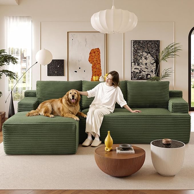 96" Sectional Couches for Living Room Cloud Couch Sofa with L-Shape Upholstered Boneless Couchs Modern Modular Sectional Couch with Chaise (Green, 96" W+Left Facing Chaise+2Seaters)