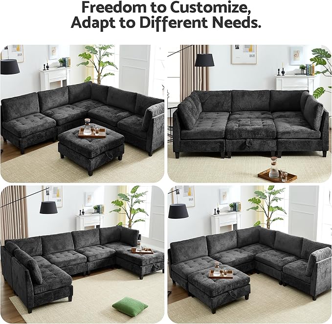 Luxe Oversized Modular Sectional Sofa, Modern Chenille Convertible Sleeper Sofa with Storage Ottoman, Comfy Deep Seat U-Shaped Cloud Couch for Living Room（Dark Grey，5-Seater + 1*Ottoman+ Tea Tray）