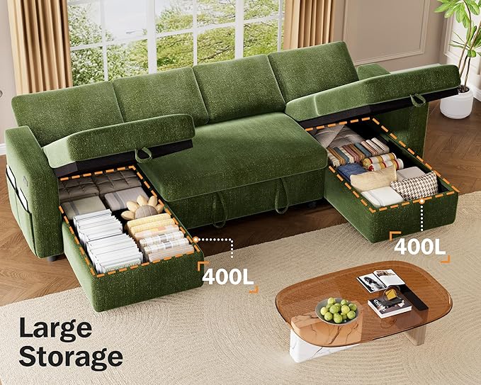 Vipbear 106" Sectional Sleeper Sofa with Pull Out Bed, U Shaped Couch Sleeper Sofa Bed, Pull Out Couch with Reclining Backrest, Double Storage Chaise, USB Ports, Tool-Free Assembly, Chenille Green