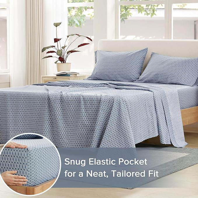 Comfort Spaces 100% Cotton Sheets Queen, Breathable, Naturally Cool Cotton Sheets, Soft Cotton Bed Sheets with 14" Elastic Pocket Fits up to 16" Mattress, All Seasons Sheet Set, Diamond Blue 4 Piece