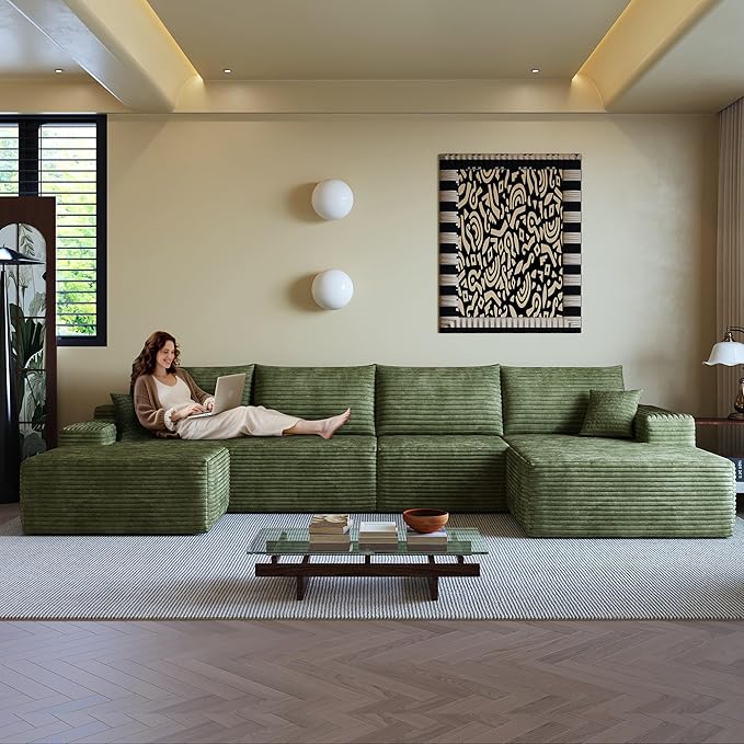 136" Sectional Couches for Living Room Cloud Couch Sofa with L-Shape Upholstered Boneless Couchs Modern Modular Sectional Couch with Chaise (Green, 136" Right Facing Chaise+3Seaters+Ottoman)
