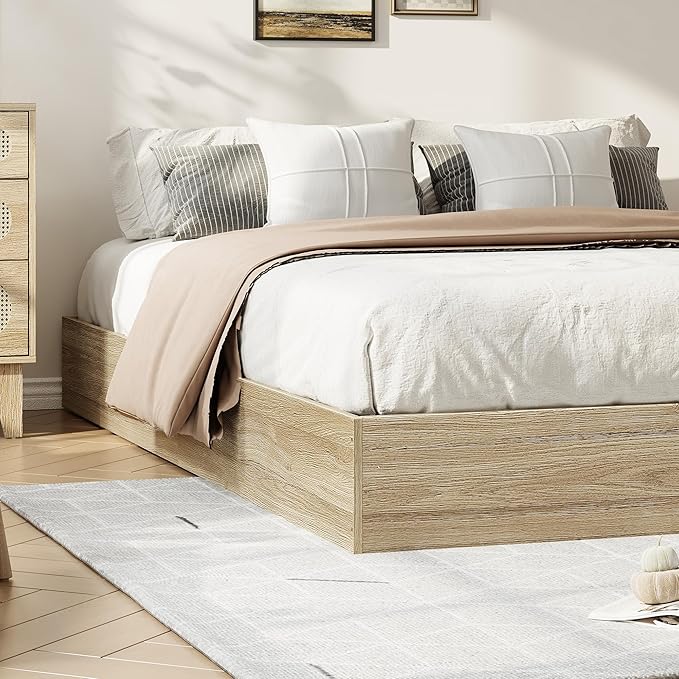 Wood Platform Bed with Sturdy Wooden Slats, Queen Size Floor-Standing Bed Frame, Modern Minimalist Design Bed Frame, No Box Spring Needed, Easy Assembly