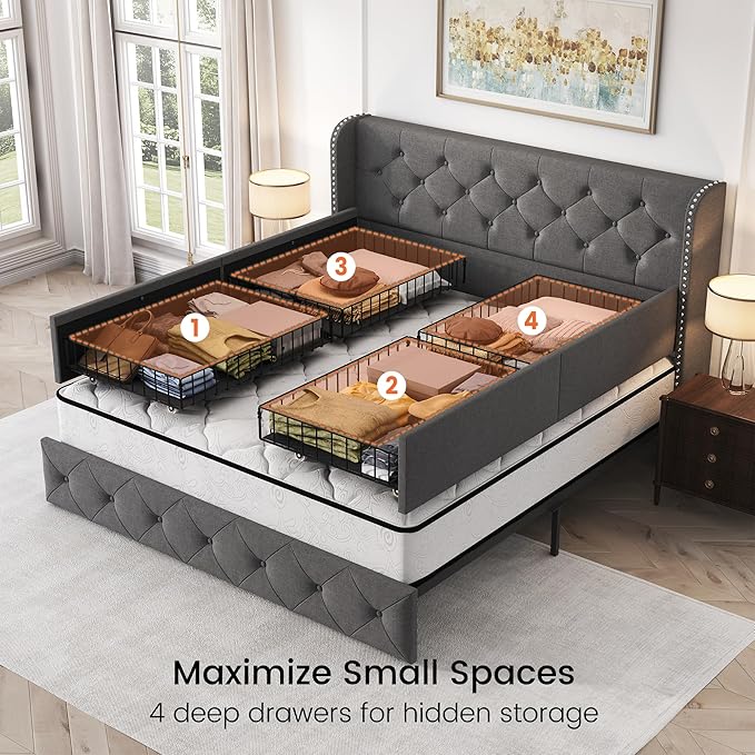 LARMACE Queen Size Platform Bed Frame with 4 Storage Drawers and 47.2" Tall Tufted Headboard Linen Upholstered Bed Wingback Bed Frame with Wooden Slats Support, Easy Assembly, Light Grey
