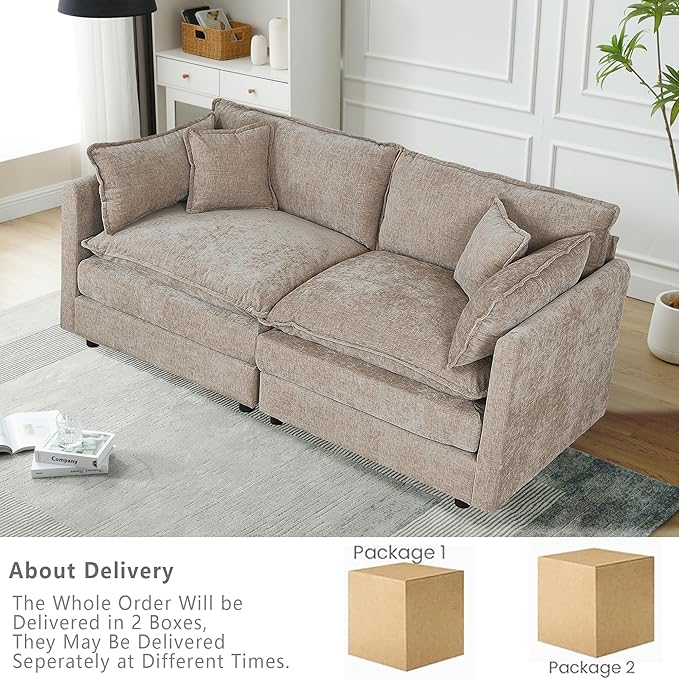 Setawix Chenille Loveseat Sofa Couch with Deep Seat,Large 2 Seater Cloud Couches for Living Room,77.16" Roomy Cloud Sofas,Modular Sectional 2 Seat Sofa with Pillows for Bedroom. (Coffee, 2 Seater)