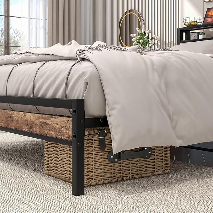 BOFENG Queen Bed Frame with Wood Headboard Storage,Heavy Duty Metal Platform Bed Frame Queen Size with Charging Station,Reinforced Steel Slats Support,No Box Spring Needed,Noise Free,Brown