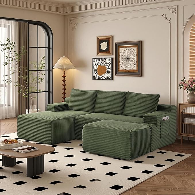 96" Sectional Couches for Living Room Cloud Couch Sofa with L-Shape Upholstered Boneless Couchs Modern Modular Sectional Couch with Chaise (Green, 96" W+Left Facing Chaise+2Seaters+Ottoman)