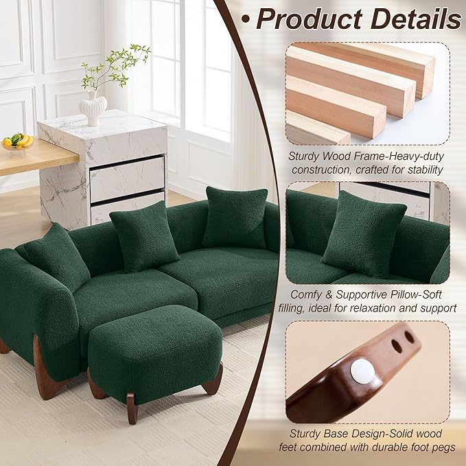 87" Sherpa Boucle Cloud Couch with Ottoman, Modern 3 Seater Sofa with Solid Wood Legs 25" Extra Deep Seat Comfy Thick Cushion Upholstered Sofa Couches with 3 Pillows for Living Room, Green